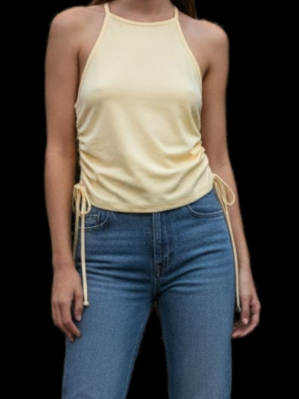 YMI Women’s Halter Ruched Side Tank Top With Ties - Soft Yellow